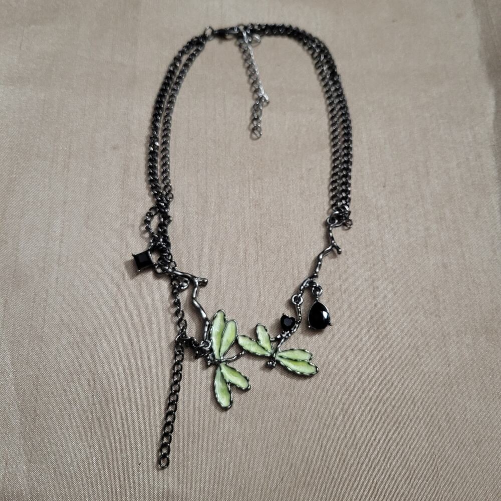 Dark silver / gunmetal black & green asymmetric dragonfly necklace